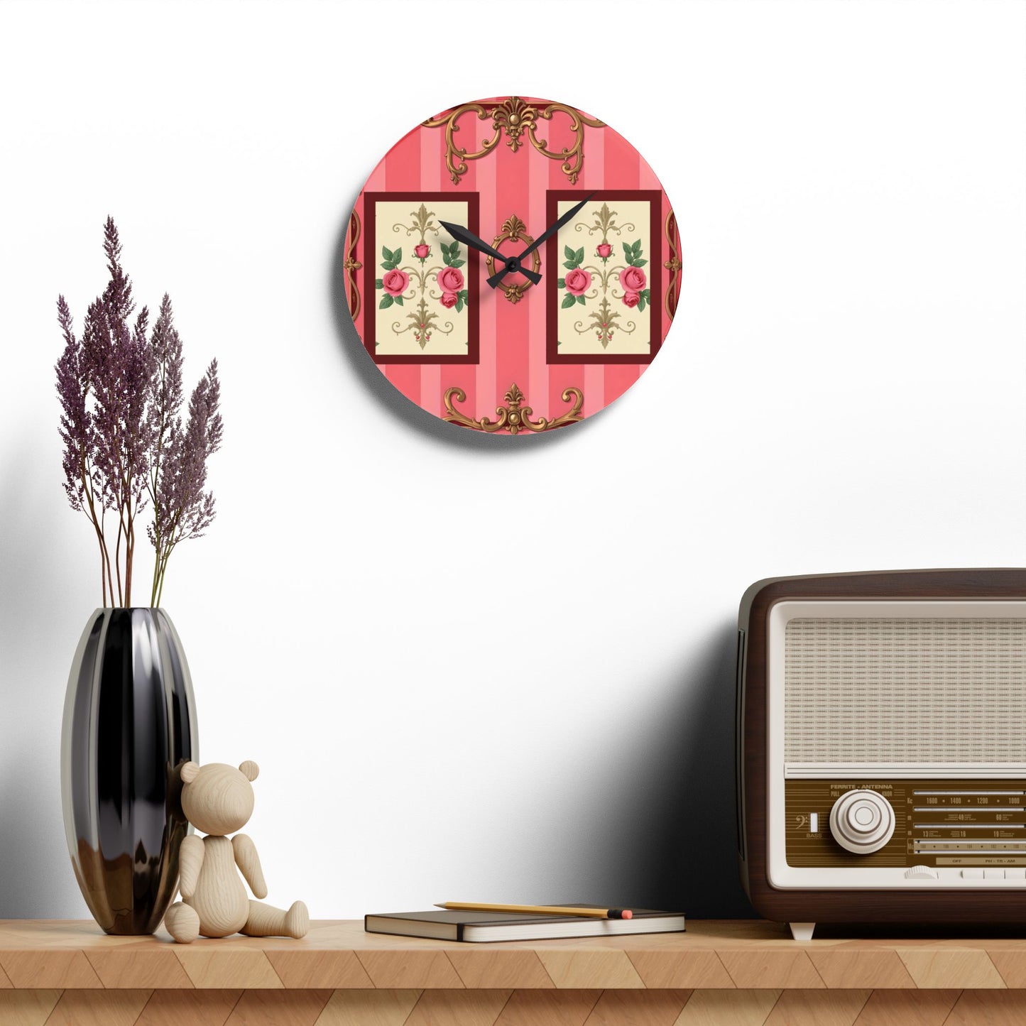 Vintage-Inspired Acrylic Wall Clock with Floral Design - Pink Striped Baroque & Roses