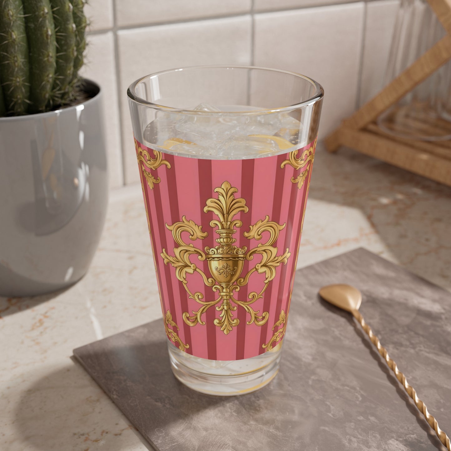 Elegant Pink Mixing Glass, 16oz | Perfect for Cocktails, Parties, Bridal Showers, Elegant Home Decor - Pink Striped Gold Baroque