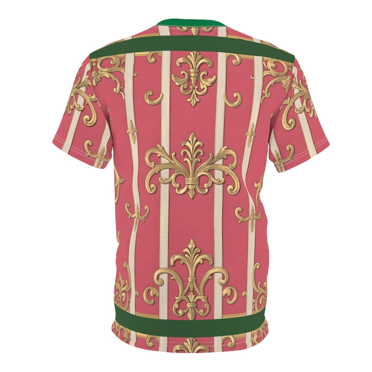 Elegant Green Border Pink Striped Baroque Unisex Tee - Chic Summer Wear, Gifts for Her, Fashion Casual Shirt, Trendy Outfit, Special Occasion Attire