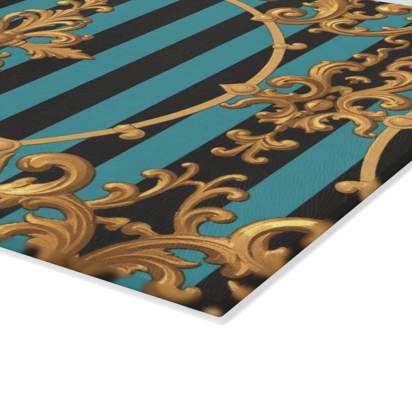 Elegant Turquoise & Black Striped Gold Baroque Decorative Glass Cutting Board | Kitchen Decor, Wedding Gift, Home Cook, Housewarming Gift