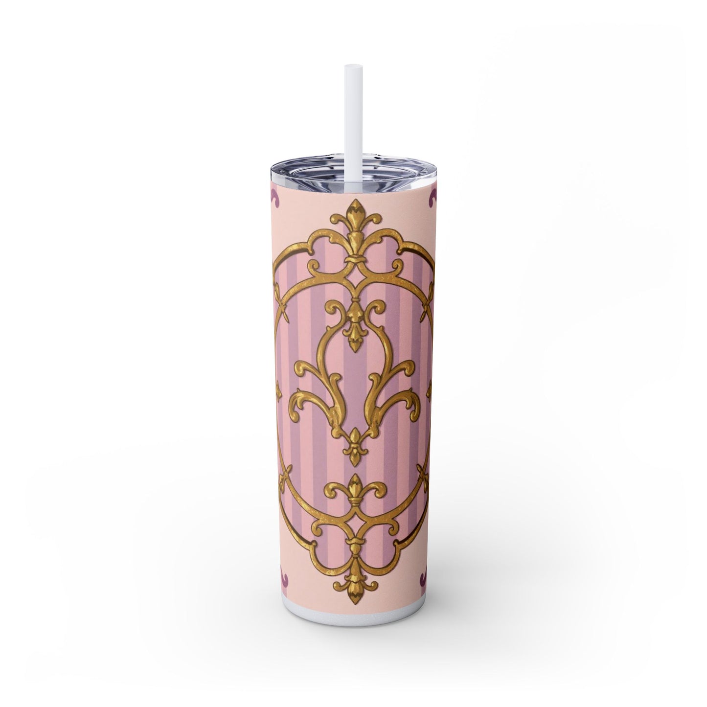 Elegant Lavender & Alabaster Striped Gold Baroque Tumbler - Insulated 20oz Skinny Cup with Straw, Ideal for Gifts, Parties, and Daily Use