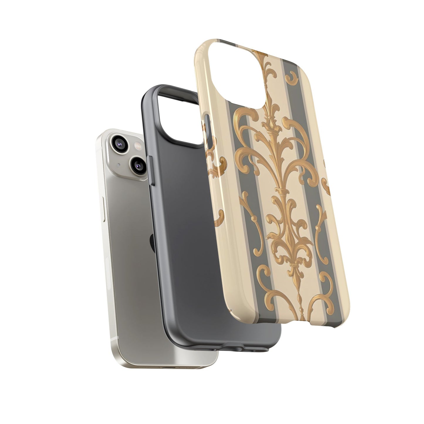 Elegant Floral Motif Phone Case - Tough Cases with Vintage Design - Dusk Olive Striped Gold Damask