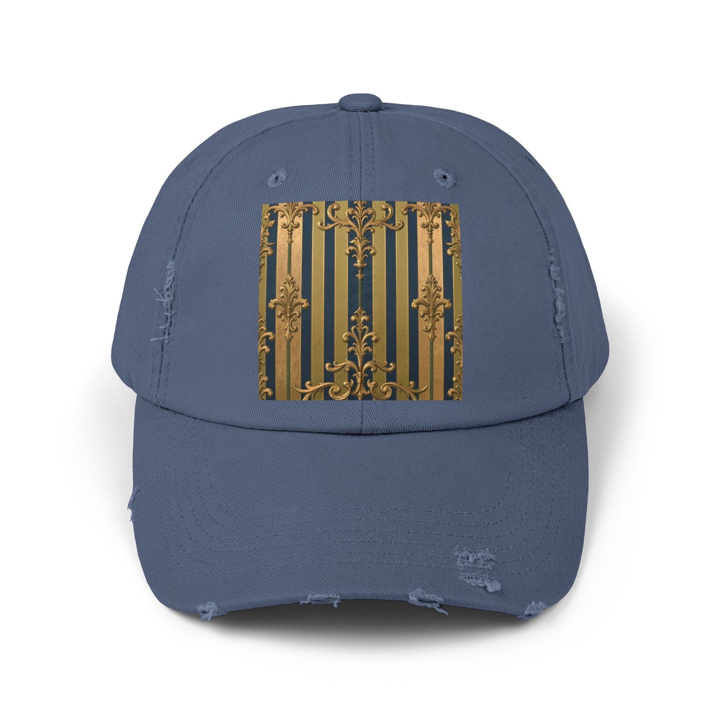 Stylish Midnight Blue & Olive Striped Gold Baroque Unisex Distressed Cap with Elegant Gold Accent, Fashionable Hat for Casual Days, Gift for Birthdays