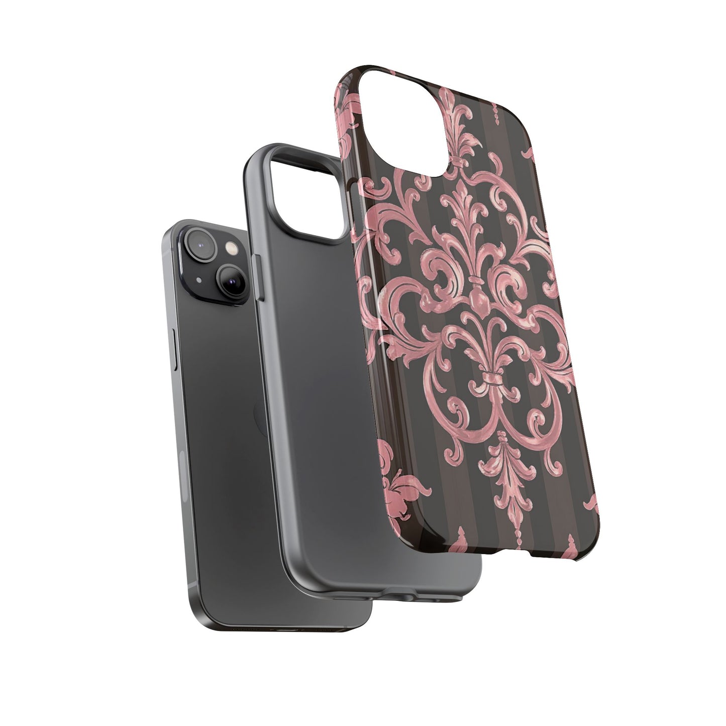 Elegant Floral Motif Phone Case - Tough Cases with Vintage Design - Brown Striped Mauve Damask