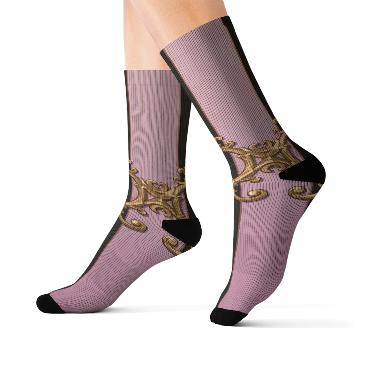 Chic Floral Sublimation Socks for Fashion Lovers, Cute Gift for Her, Trendy Footwear, Stylish Accessories - Matte Lavender & Black Striped Gold Baroque