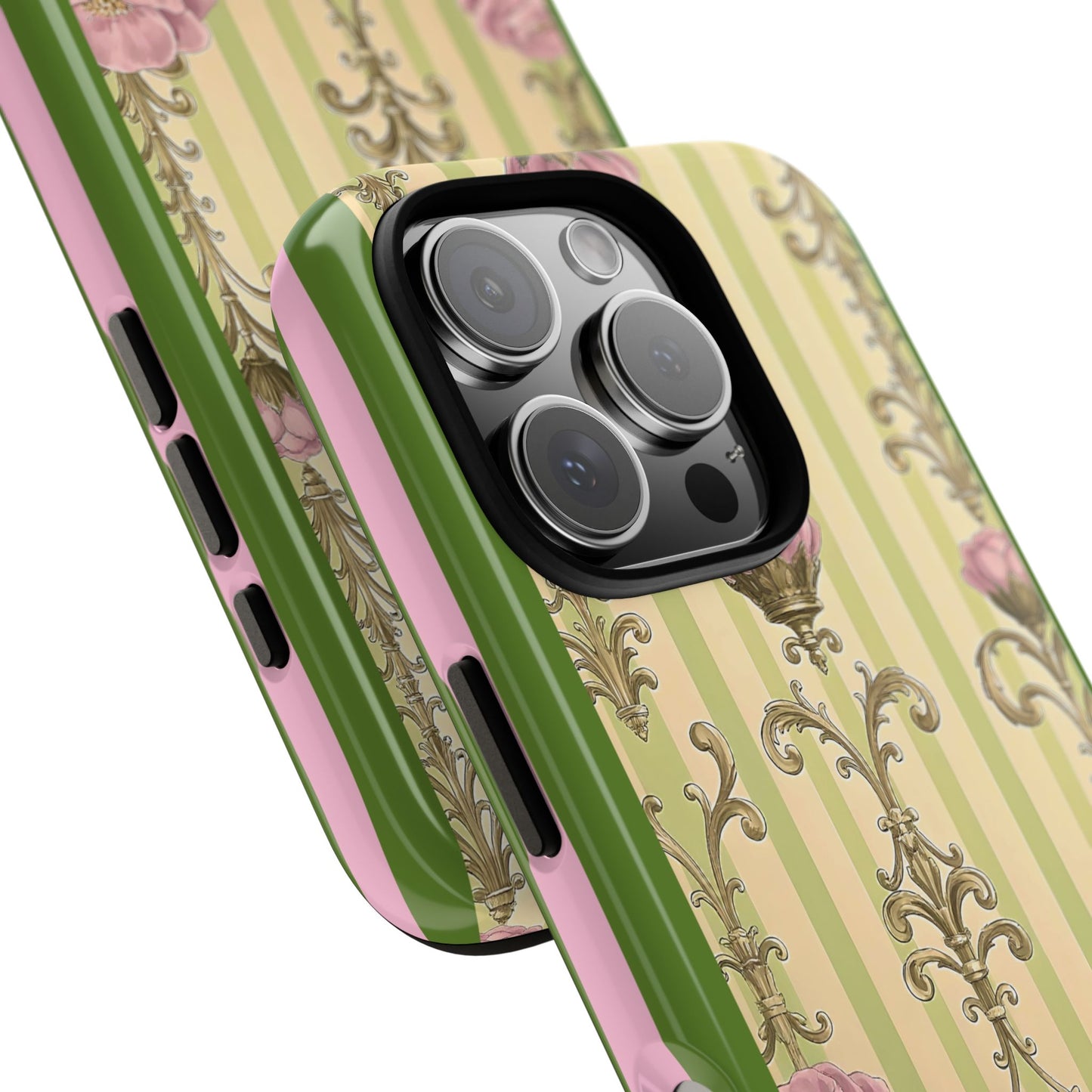 Elegant Floral Motif Phone Case - Tough Cases with Vintage Design - Lime Green & Pink Striped Damask