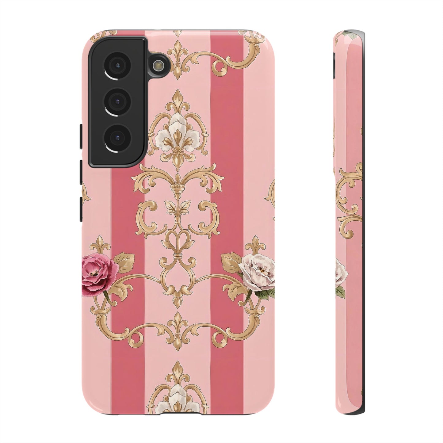 Elegant Floral Motif Phone Case - Tough Cases with Vintage Design - Pink Striped Roses & Damask