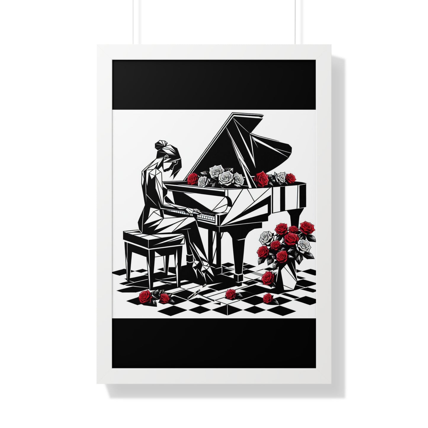 Vertical Poster - Black & White Grand Piano & Red Roses Wall Art