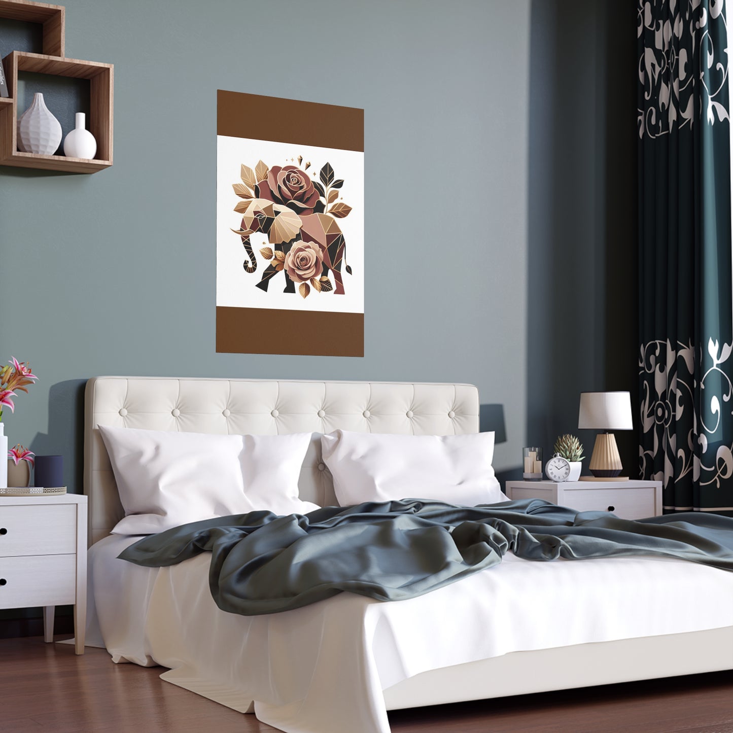 Elegant Floral Silk Poster - Indoor/Outdoor Wall Art for Home Decor - Brown & Gold Elephant & Roses