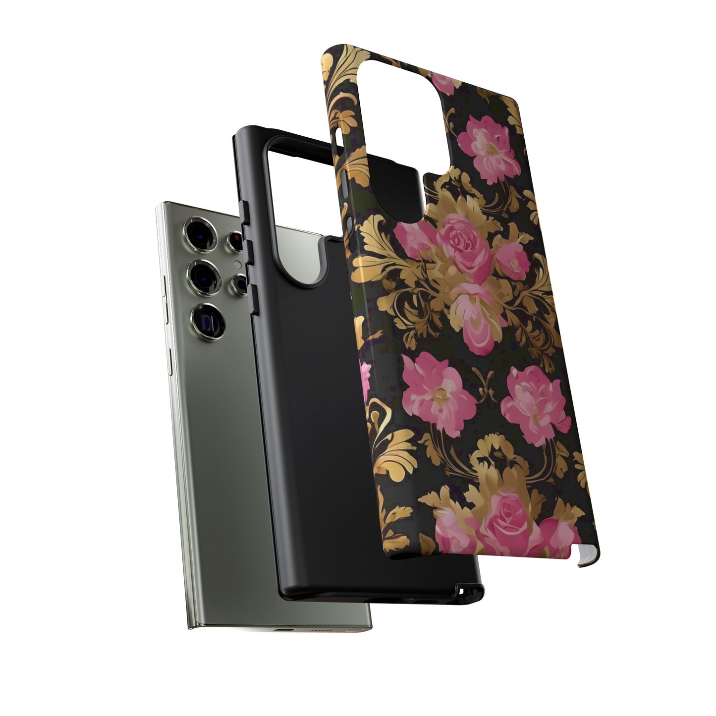 Elegant Floral Motif Phone Case - Tough Cases with Vintage Design - Pink & Gold Roses
