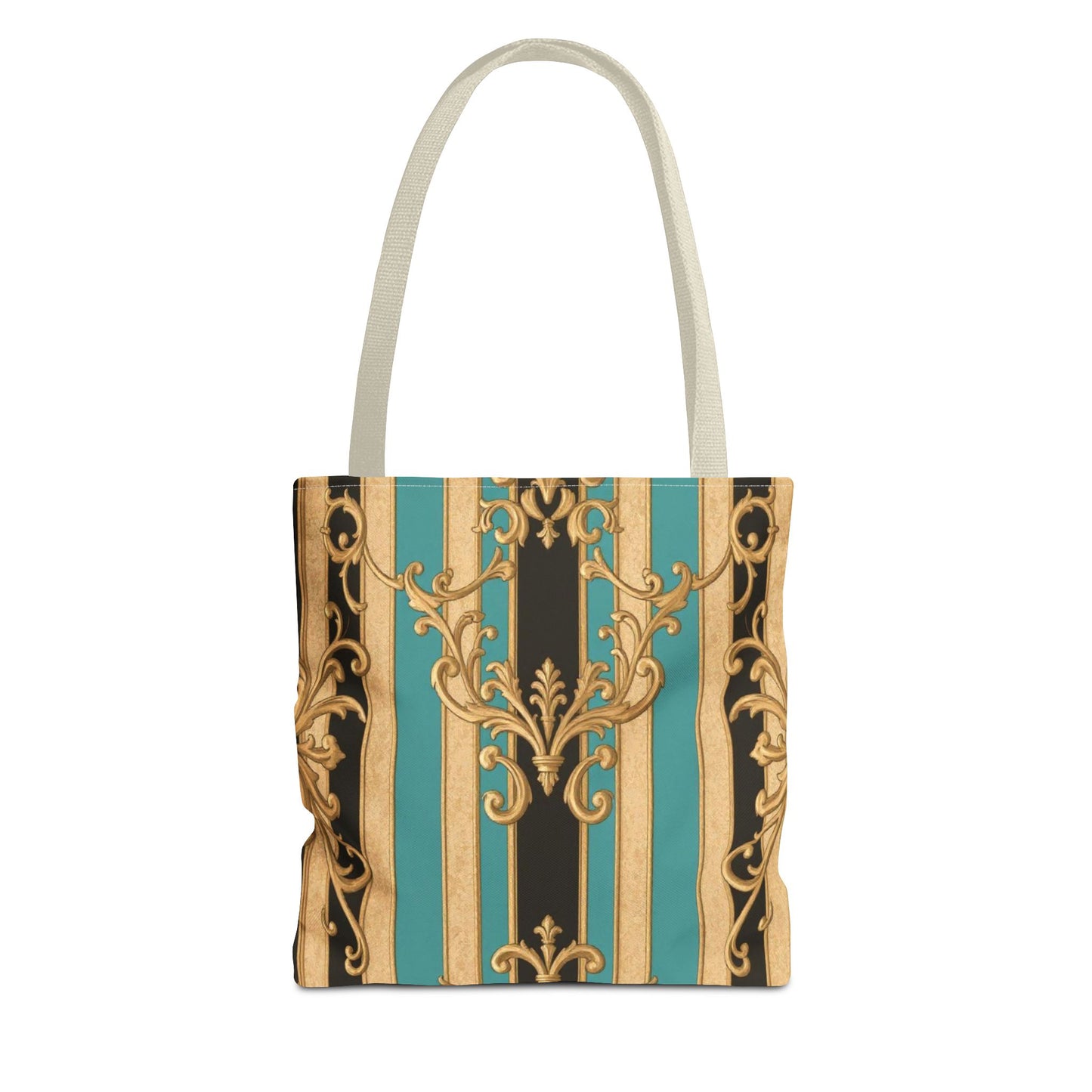 Elegant Black, Tan & Ocean Green Striped Gold Baroque Vintage Pattern Tote Bag, Stylish Carryall, Fashionable Handbag, Perfect Gift for Mother’s Day