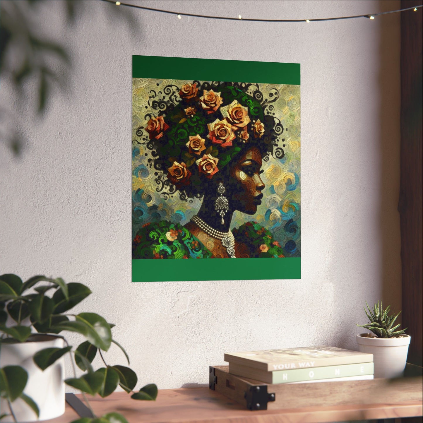 Floral Afro Art Poster - Elegant Matte Vertical Wall Decor - Lady In Green & Damask
