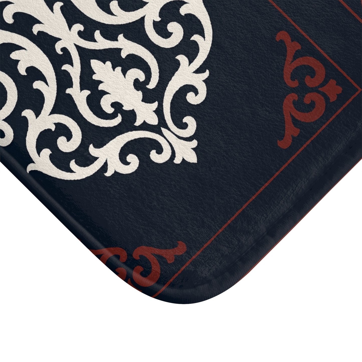 Dusk Blue-Maroon & White Baroque Bath Mat — Dusk Blue & White Ornamental Bathroom Rug