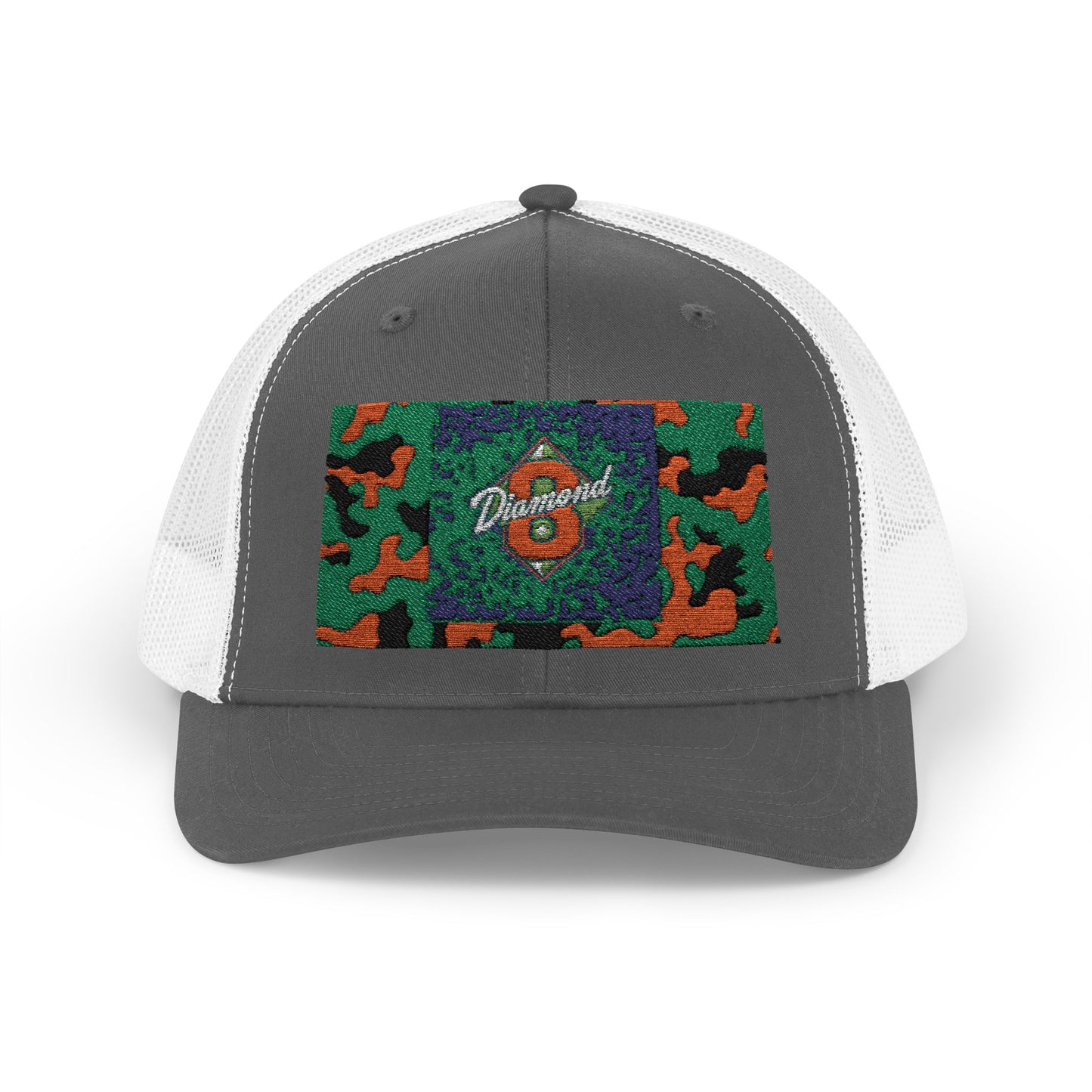 Colorful Camouflage Snapback Trucker Cap, Casual Hat, Outdoor Gear, Unisex Headwear, Gift for Him/Her - Green & Orange Camo Diamond 8