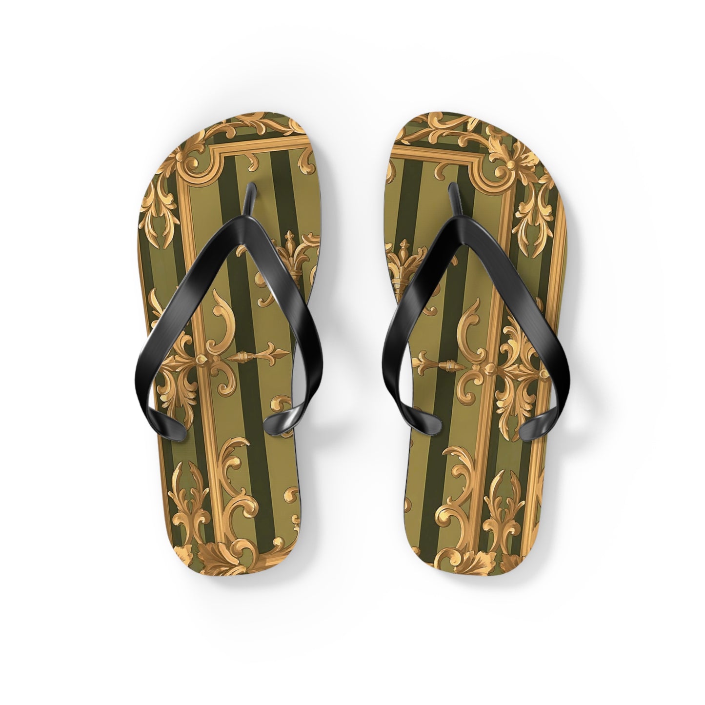 Elegant Floral Flip Flops, Summer Sandals, Beach Footwear, Vacation Essentials, Gift for Her, Outdoor Adventures - Olive Green Striped Rococo