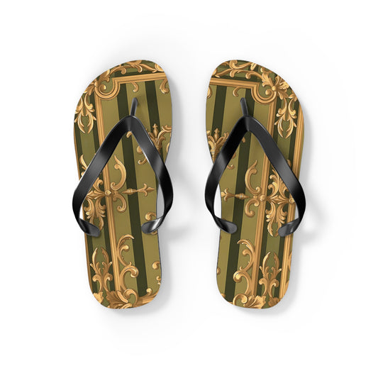 Elegant Floral Flip Flops, Summer Sandals, Beach Footwear, Vacation Essentials, Gift for Her, Outdoor Adventures - Olive Green Striped Rococo