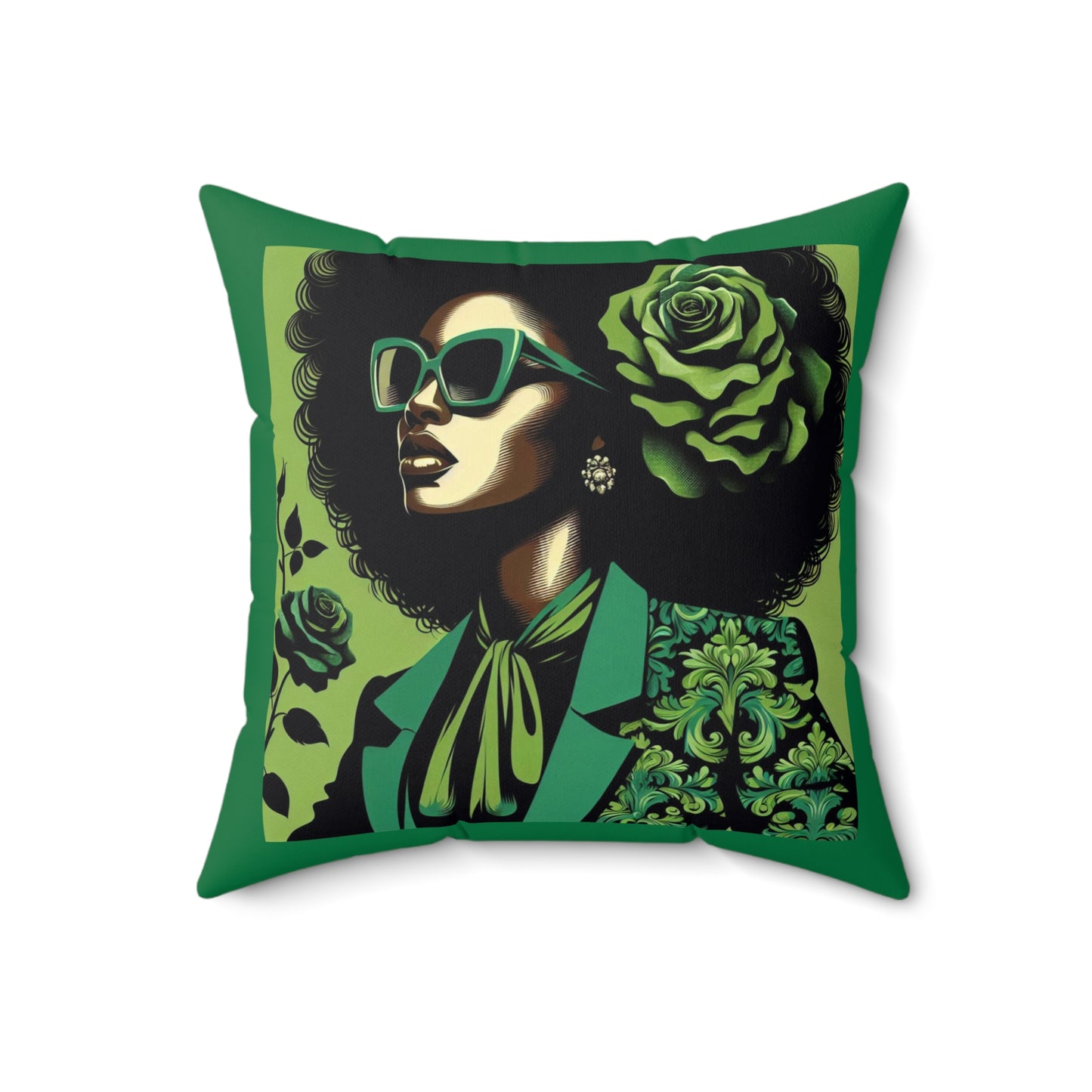 Chic Afrocentric Faux Suede Pillow, Stylish Home Decor, Gift for Her, African American Art, Damask Decor - Lady in Green Damask