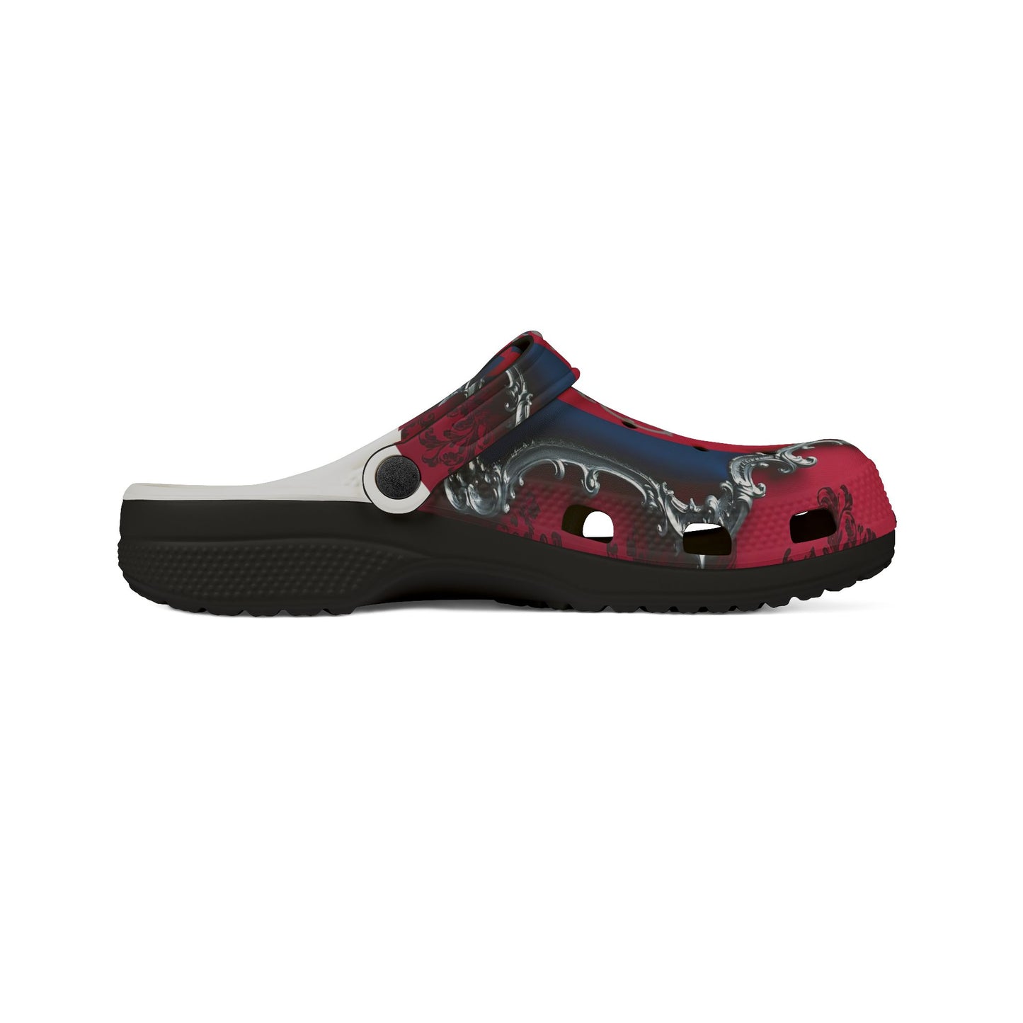 Stylish EVA Foam Rubber Clogs - Vibrant Floral Design, Comfortable Garden Footwear, Trendy Summer Shoes - Blue & Red Striped Silver Crest