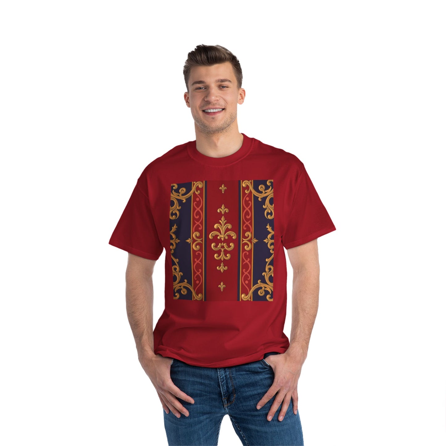 Elegant Baroque T-Shirt for Fashion Lovers, Casual Wear, Gift for Her, Unique Tee for Art Enthusiasts - Midnight Blue & Dusk Red Gold Baroque