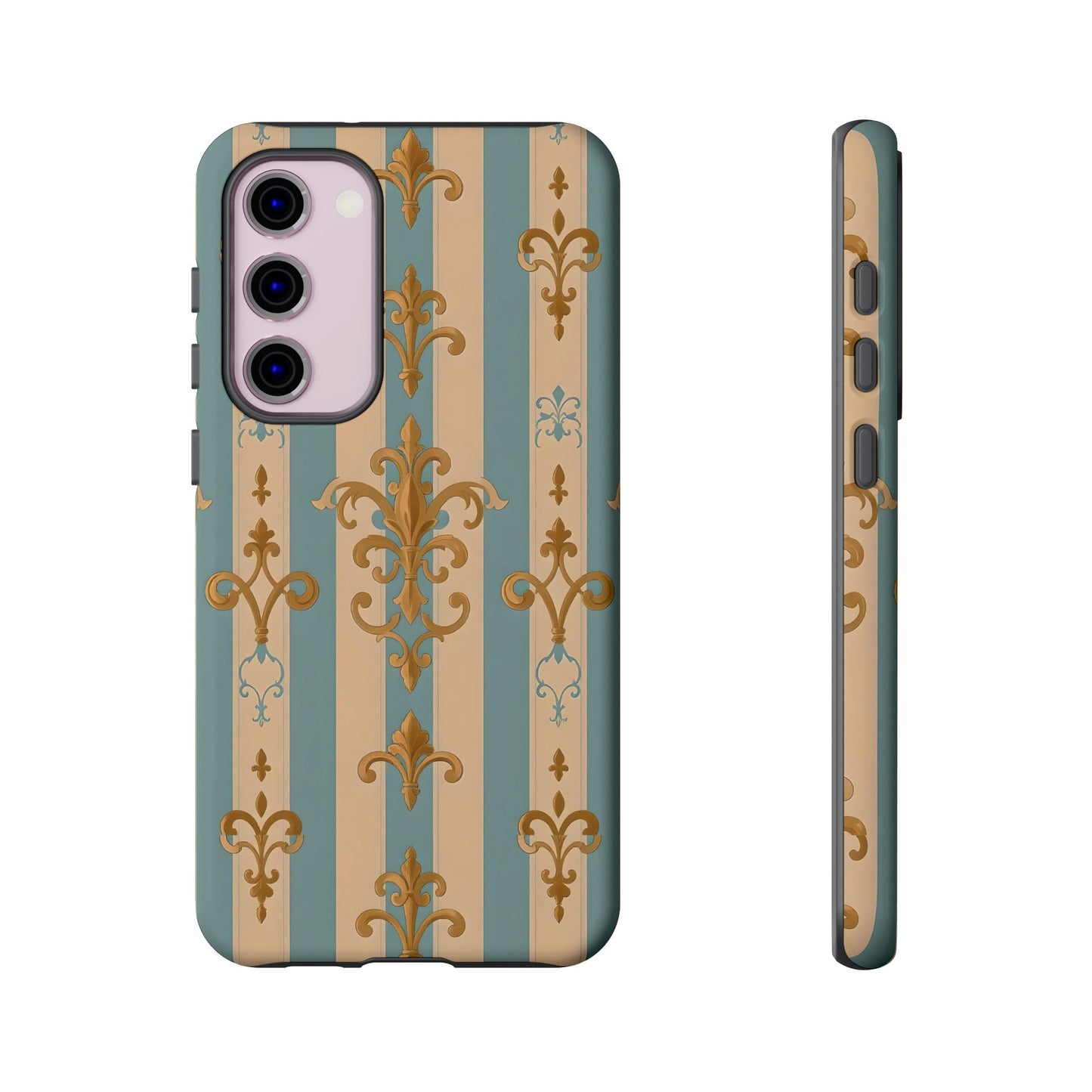 Elegant Floral Motif Phone Case - Tough Cases with Vintage Design -  Beige & Sky Blue Striped Gold Damask