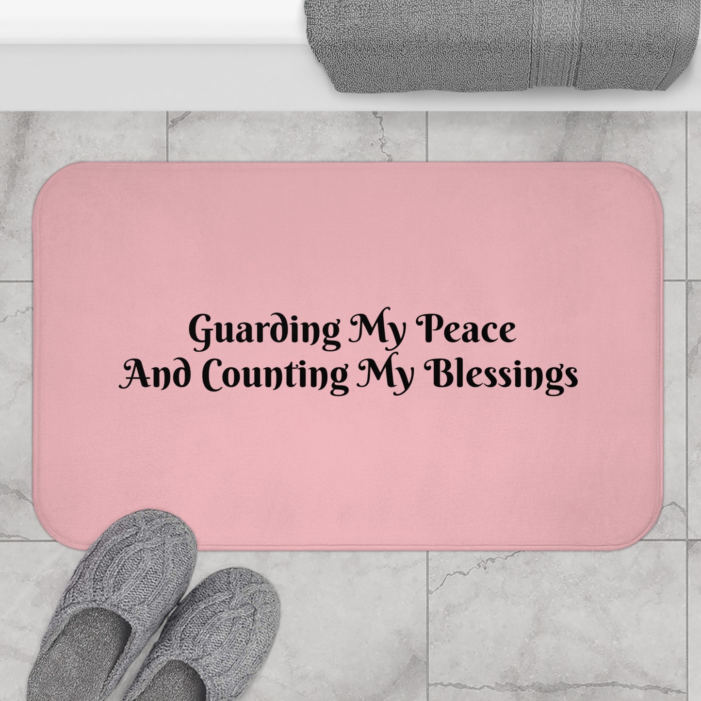 Serene Bath Mat Guarding My Peace And Counting My Blessings, Soft Non-Slip Bathroom Rug, Home Décor Gift for Wellness - Black Lettering