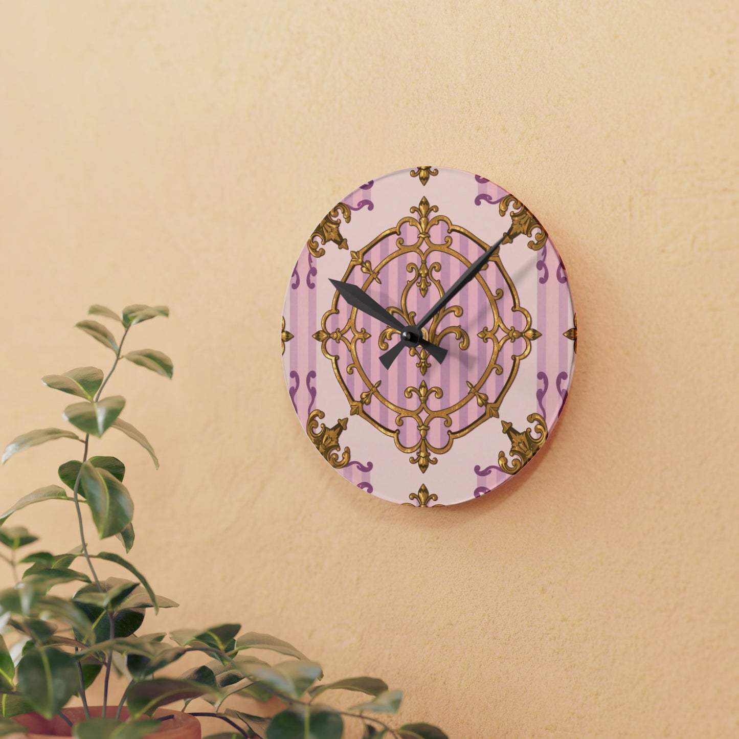 Elegant Vintage Lavender & Alabaster Striped Gold Baroque Acrylic Wall Clock, Chic Wall Art, Gift for Her, Stylish Living Room Accessory