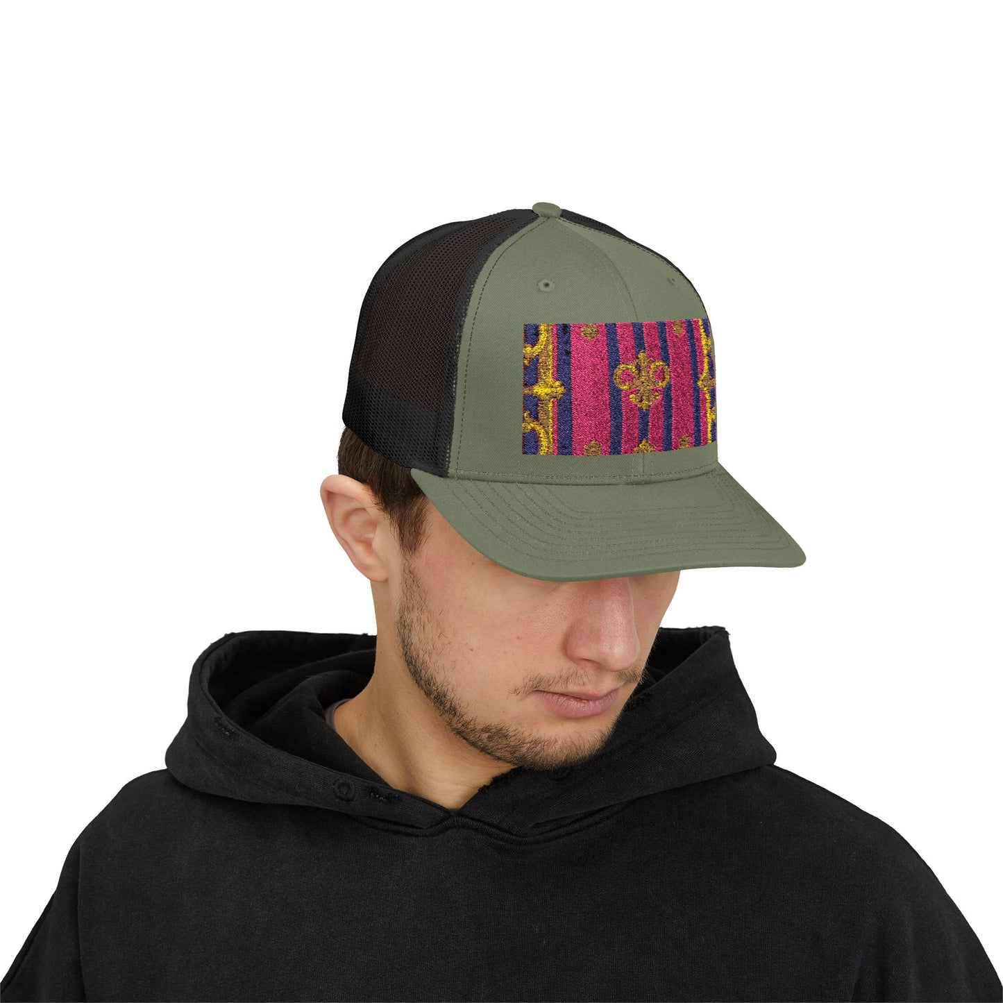 Vibrant Snapback Trucker Cap, Stylish Outdoor Hat, Trendy Fashion Accessory, Gift for Him or Her - Pink Striped Gold Baroque
