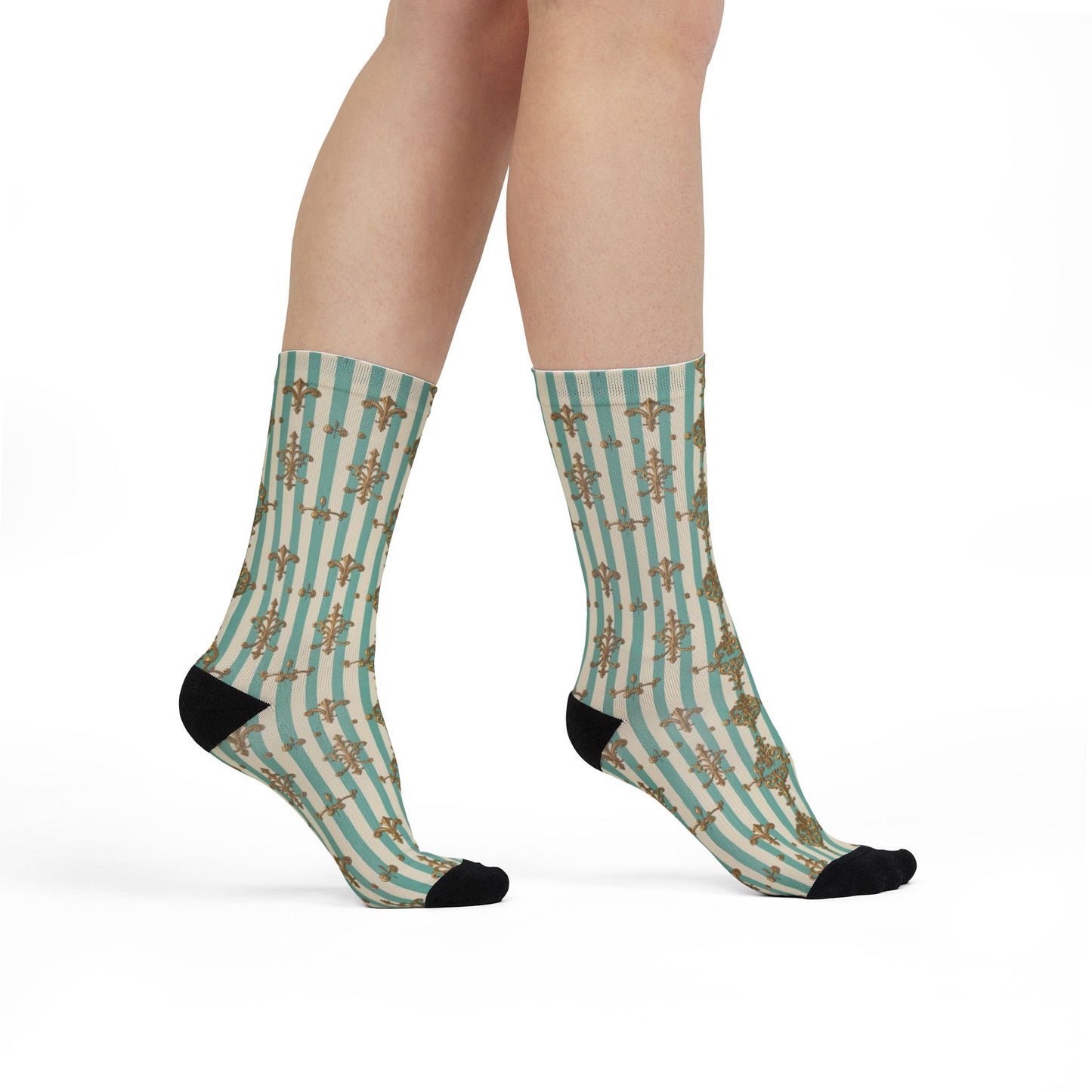 Chic Patterned Crew Socks for Trendy Fashion Lovers, Fun Gift for Birthdays, Stylish Accessory - Matte Green Striped Rococo