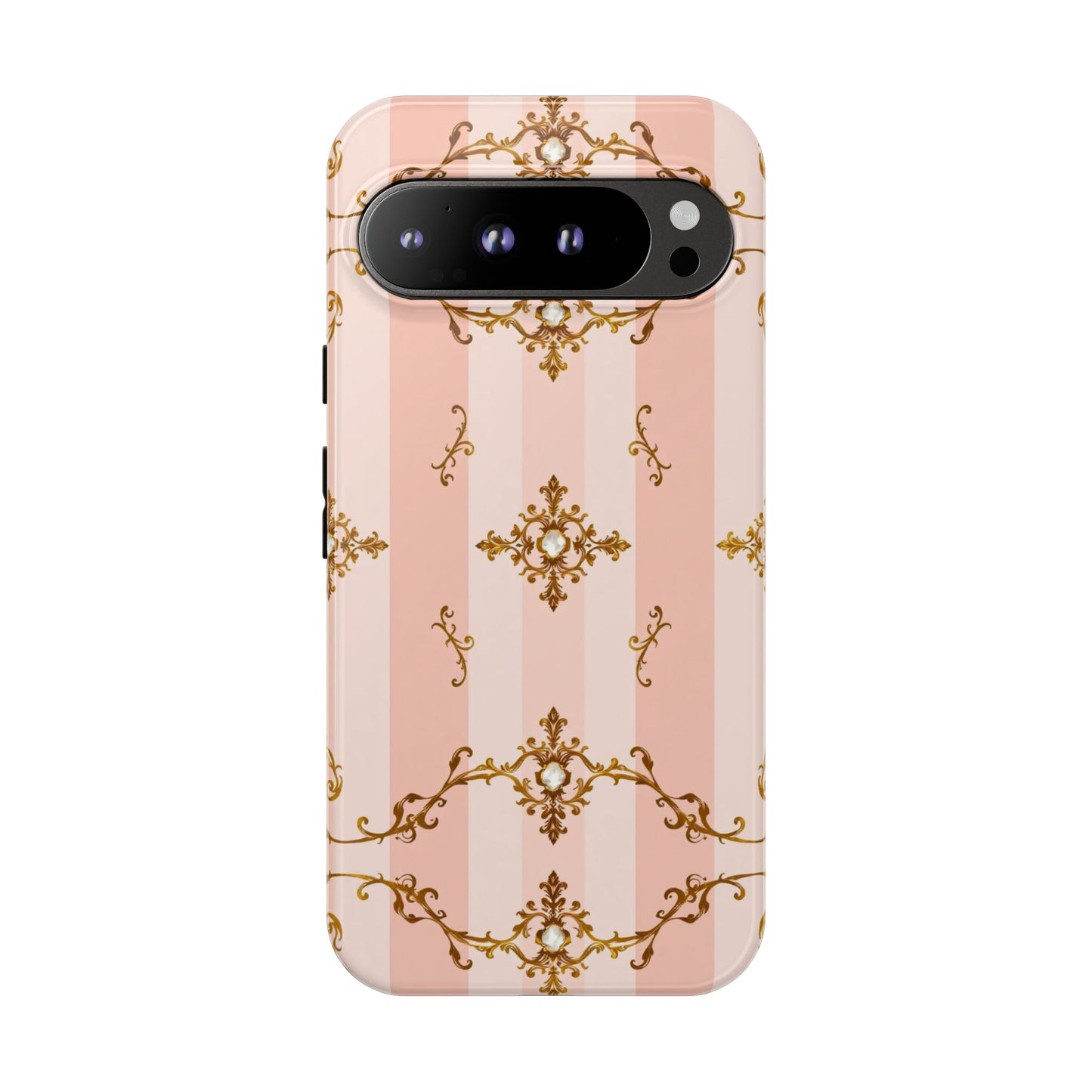 Elegant Floral Phone Case, Tough Cases for Women, Trendy Phone Cover, Chic Gift - Pink Jeweled Striped Gold Baroque
