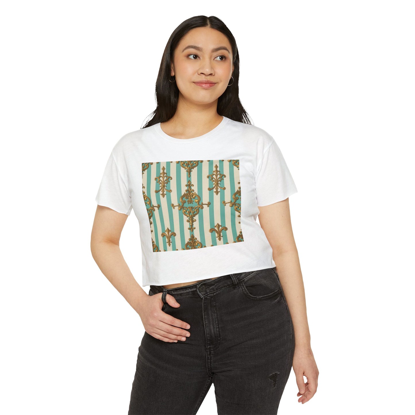 Boho Chic Women's Festival Crop Top - Trendy Summer Wear, Beach Party Fashion - Matte Green Striped Rococo