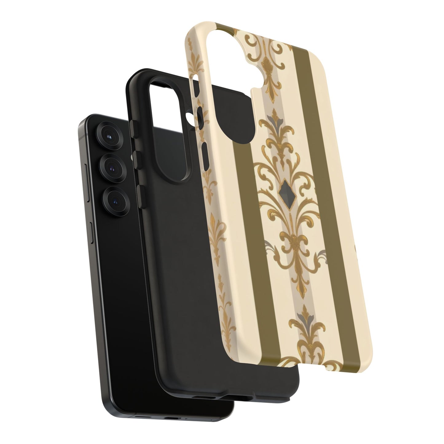 Elegant Floral Motif Phone Case - Tough Cases with Vintage Design - Olive Striped Gold Damask