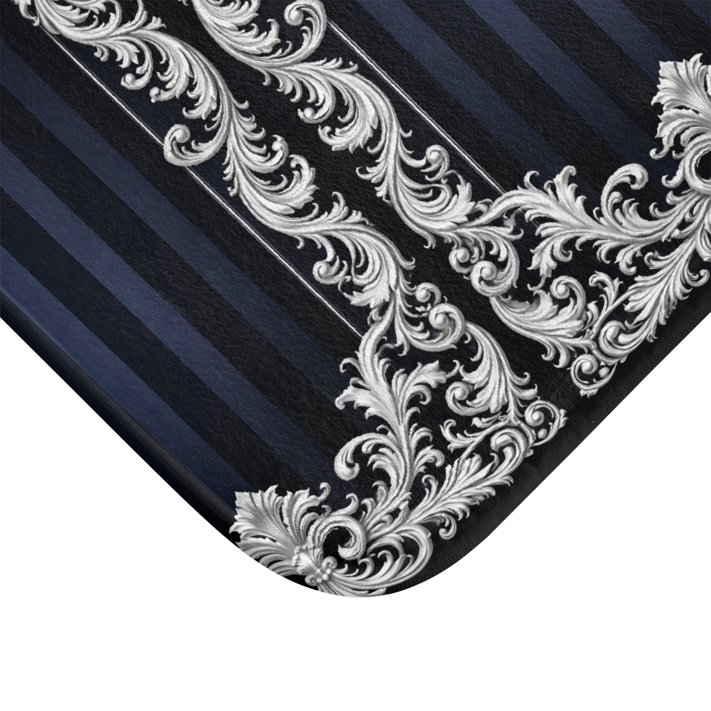 Elegant Navy Stripes & Baroque Bath Mat — Navy & Silver Ornate Bathroom Rug