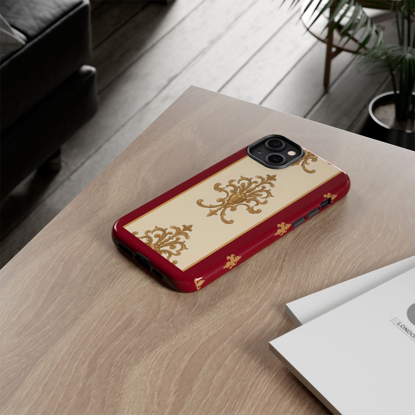Elegant Floral Motif Phone Case - Tough Cases with Vintage Design - Dusk Red Striped Gold Damask