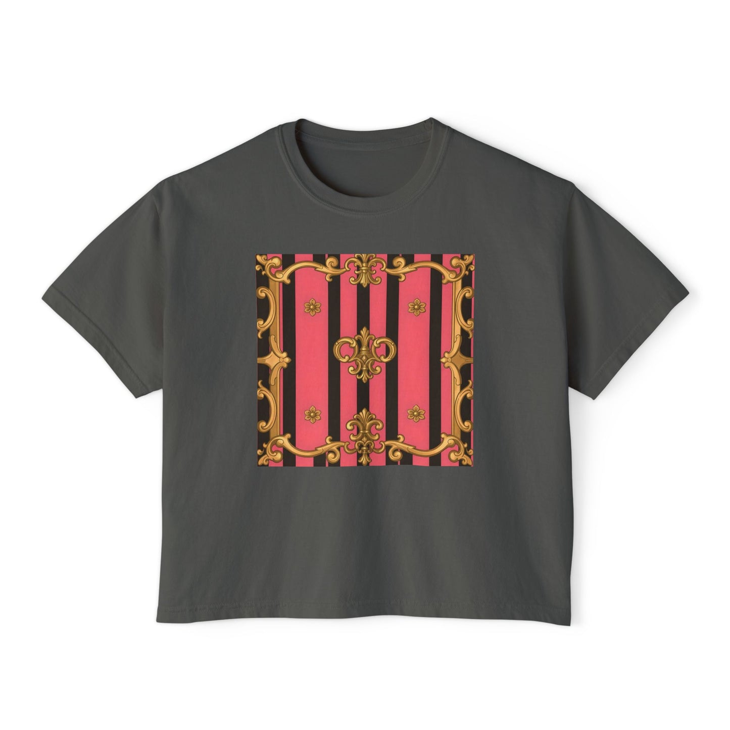 Chic Graphic Boxy Tee - Trendy Women's Casual Top, Festival Shirt, Gift for Her, Baroque Style - Pink & Black Striped Gold Baroque