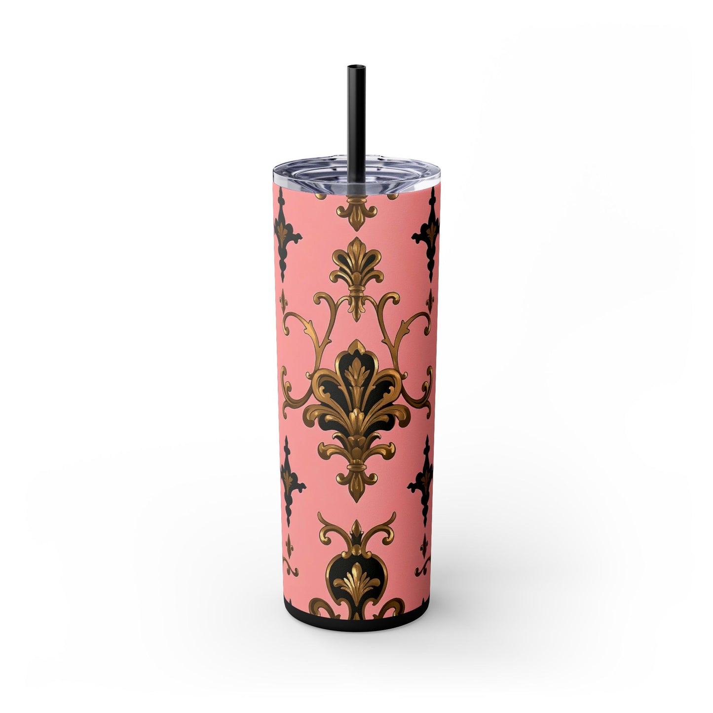 Elegant Pink Damask Skinny Tumbler, 20oz Drinkware, Stylish Reusable Cup, Travel Mug, Gift for Her, Home Decor - Pink, Black & Gold Rococo