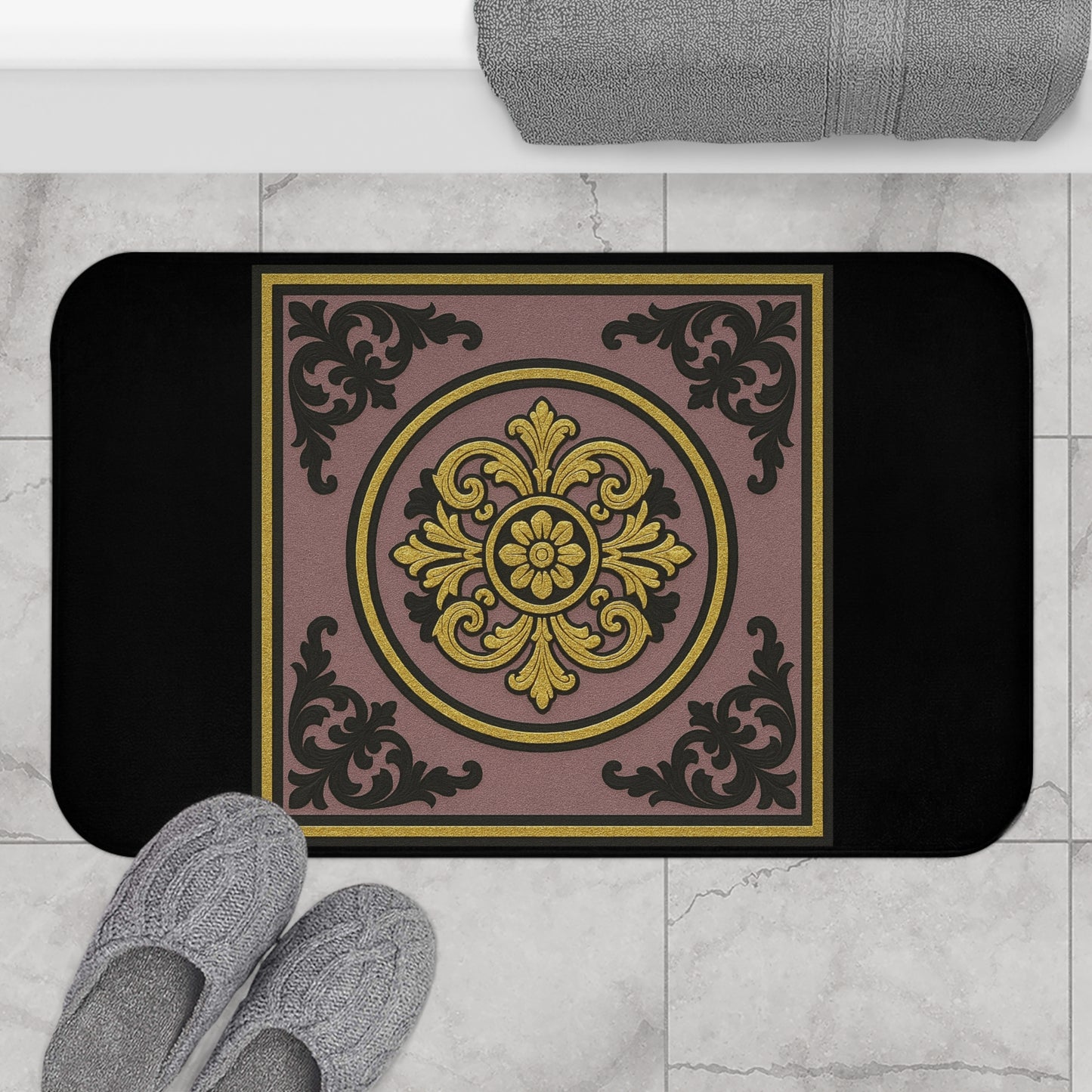 Elegant Gilded Mauve With Gold-Black Baroque Bath Mat, Luxurious Bathroom Decor, Stylish Non-Slip Mat, Gift for Homeowners, Bath Accessories