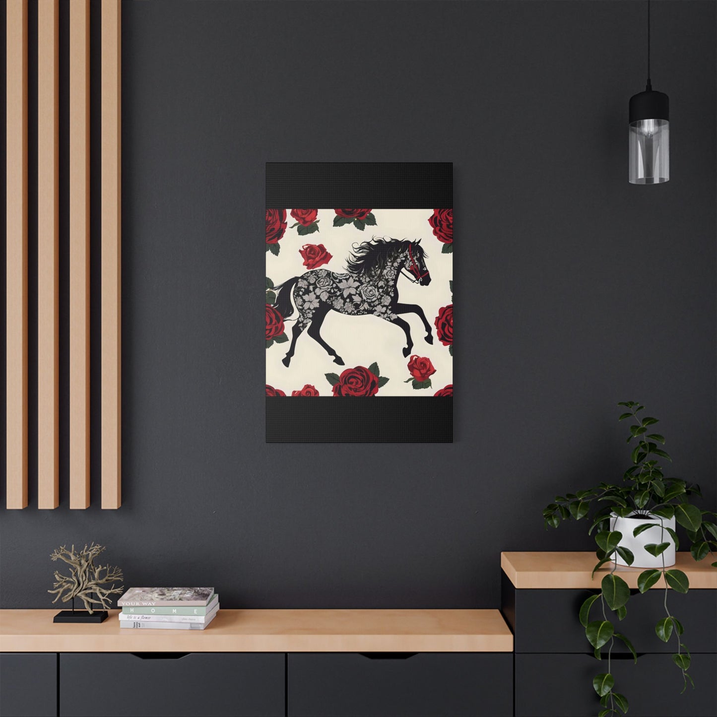 Art Print Canvas, Wall Decor, Satin Stretched Canvas, Equestrian Art, Office Decor, Home Decor - Horse & Roses