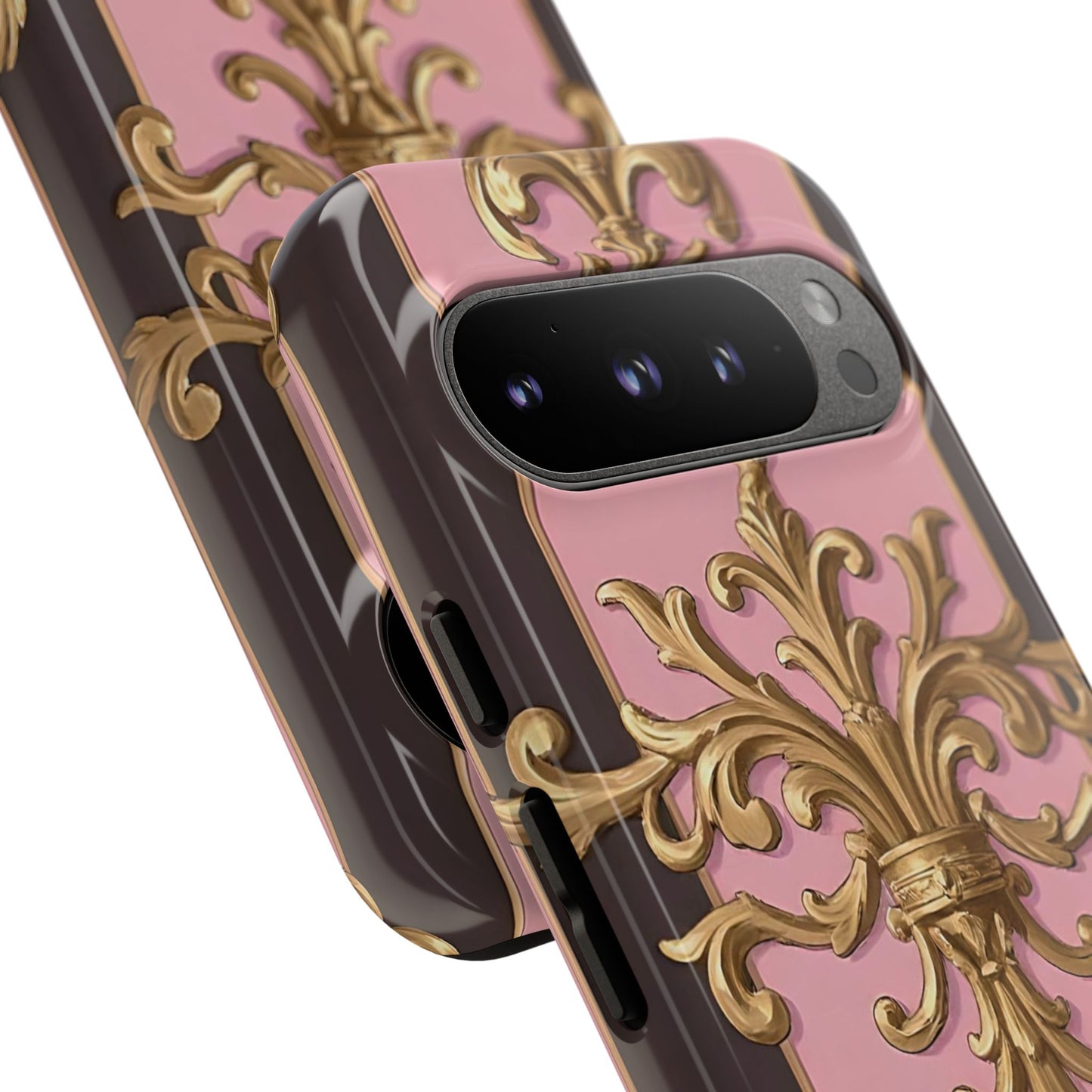 Elegant Floral Motif Phone Case - Tough Cases with Vintage Design - Pink & Brown Striped Gold Damask