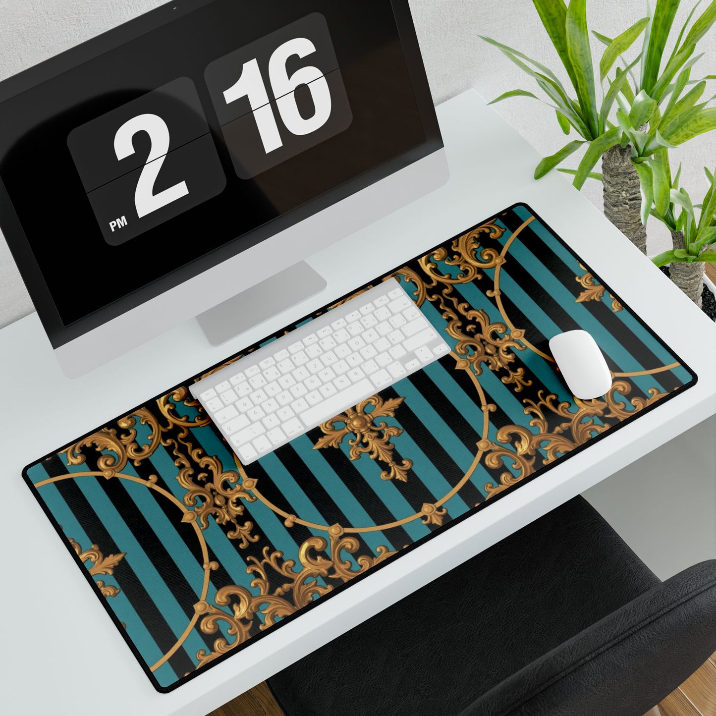 Elegant Turquoise & Black Striped Gold Baroque Desk Mats for Home Office, Stylish Mouse Pads, Luxe Desk Decor, Gifts for Professionals