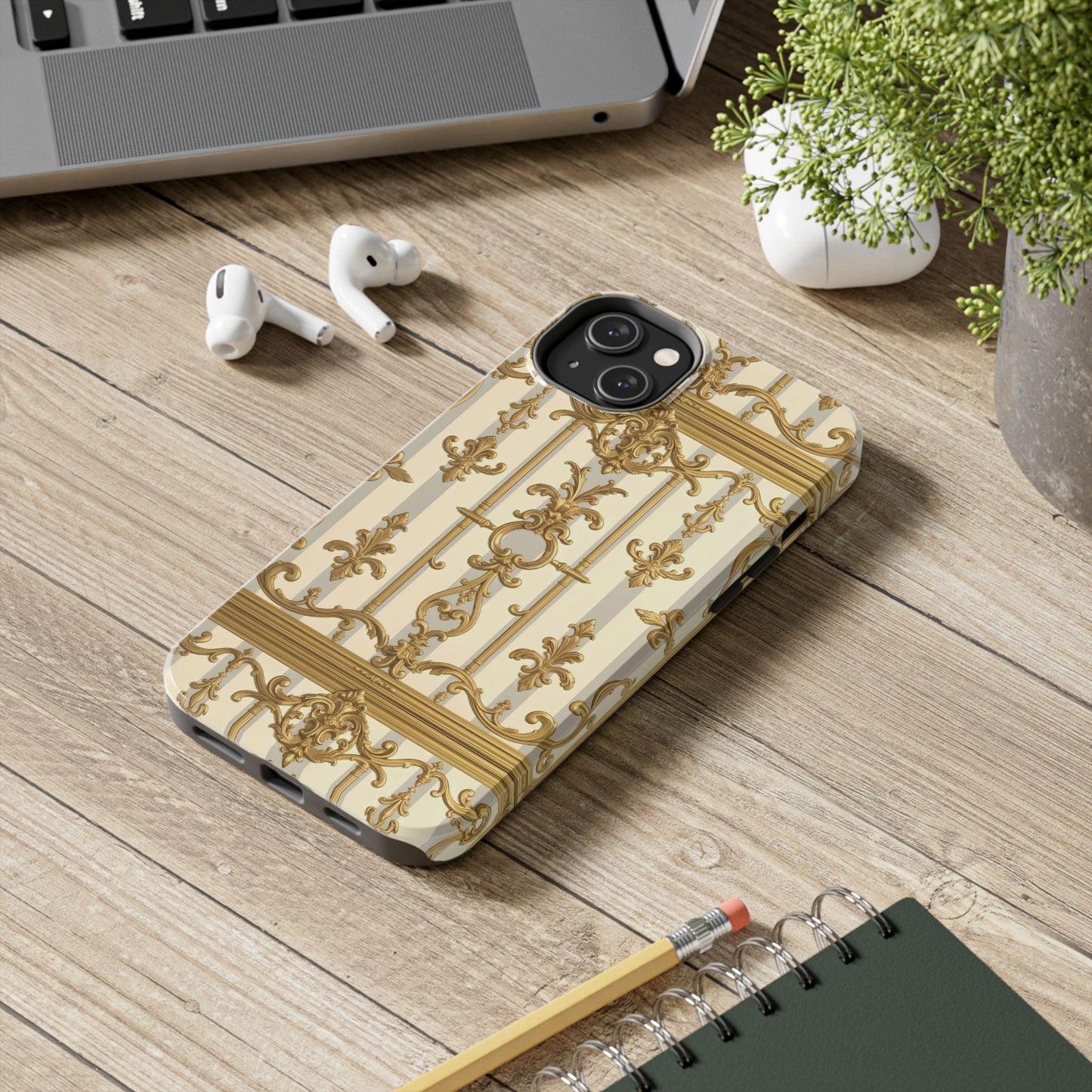 Elegant Gold Pattern Tough Phone Cases | Stylish Phone Covers, Trendy Cell Phone Accessories - Matte Gray & Cream Striped Gold Baroque