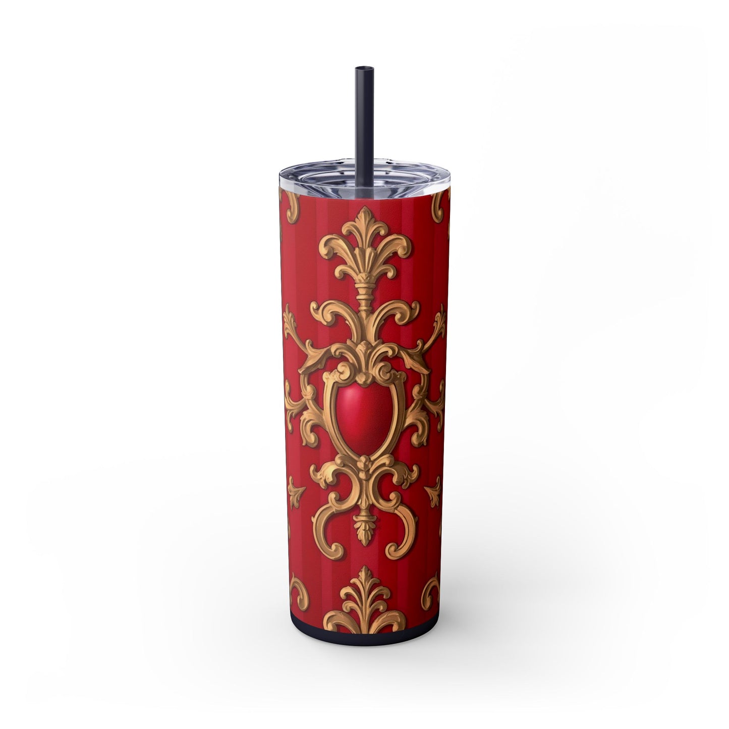Elegant Red Ornate Skinny Tumbler, Stylish Travel Mug with Straw, Perfect for Gifts, Home Office - Blue, Red & White Striped Baroque