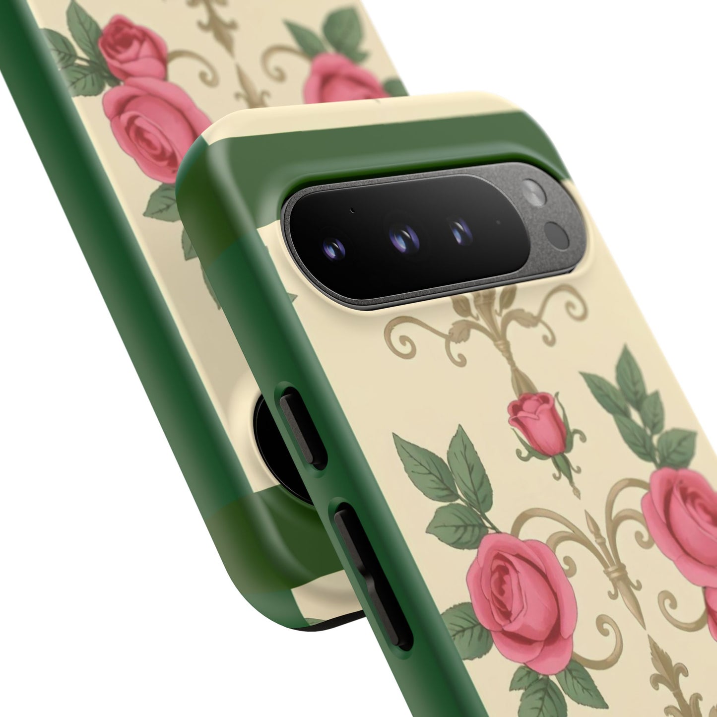 Elegant Floral Motif Phone Case - Tough Cases with Vintage Design - Green Border Roses & Damask