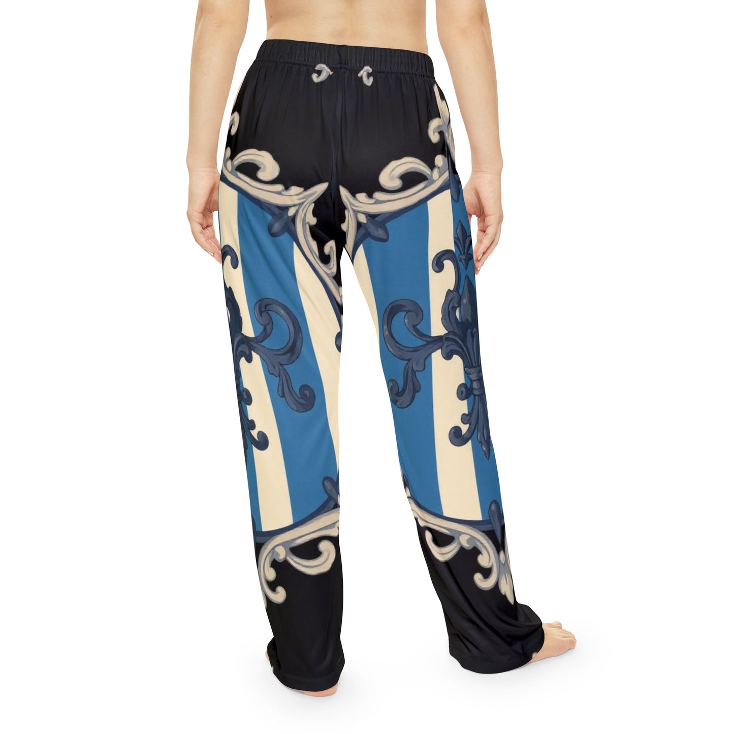 Elegant Blue & Alabaster Striped Baroque Women’s Pajama Pants, Trendy Loungewear, Comfortable Sleep Pants, Stylish Nightwear, Relaxation Fashion