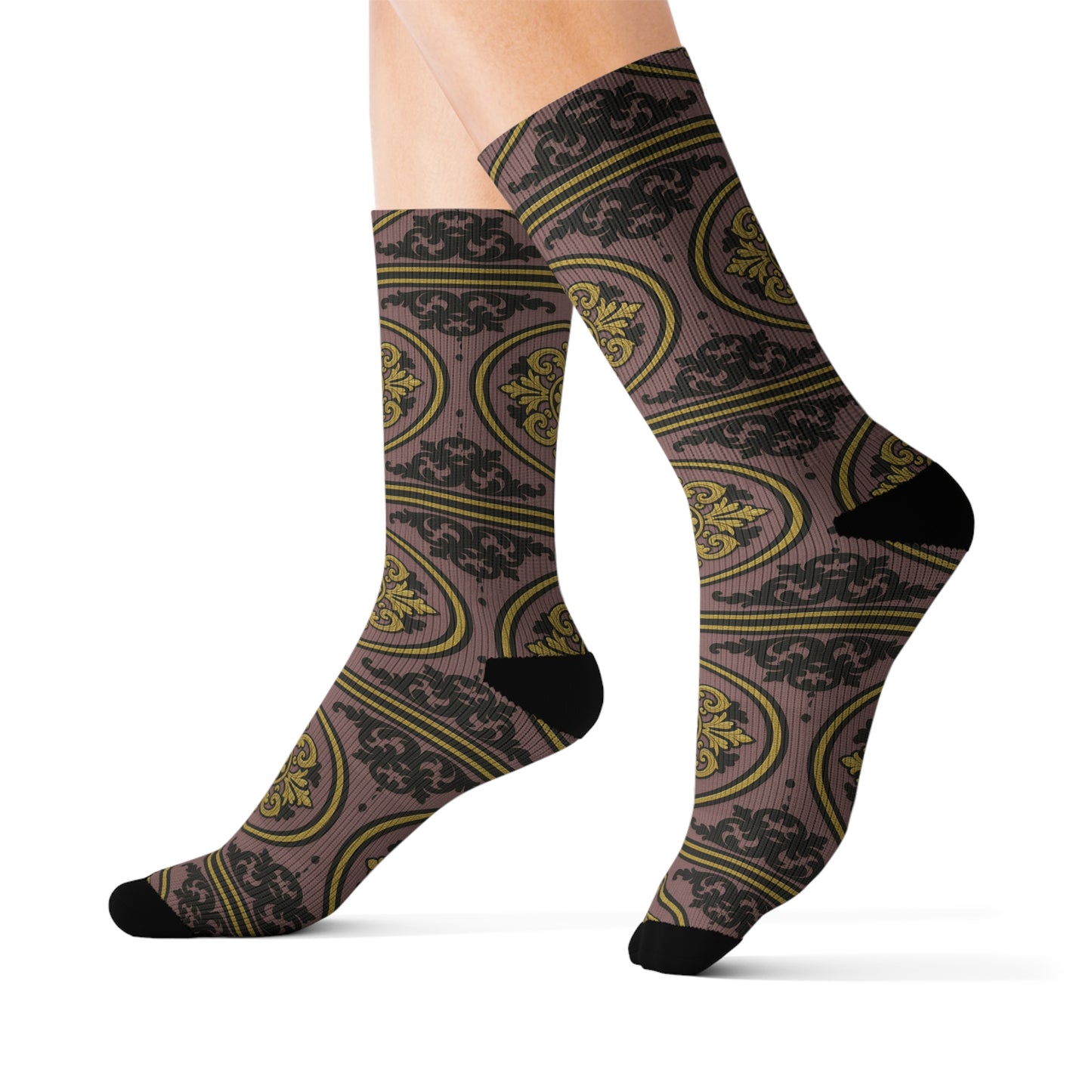 Elegant Gilded Mauve With Gold-Black Baroque Sublimation Socks - Cozy Stylish Footwear, Unique Gift for Her, Trendy Accessories