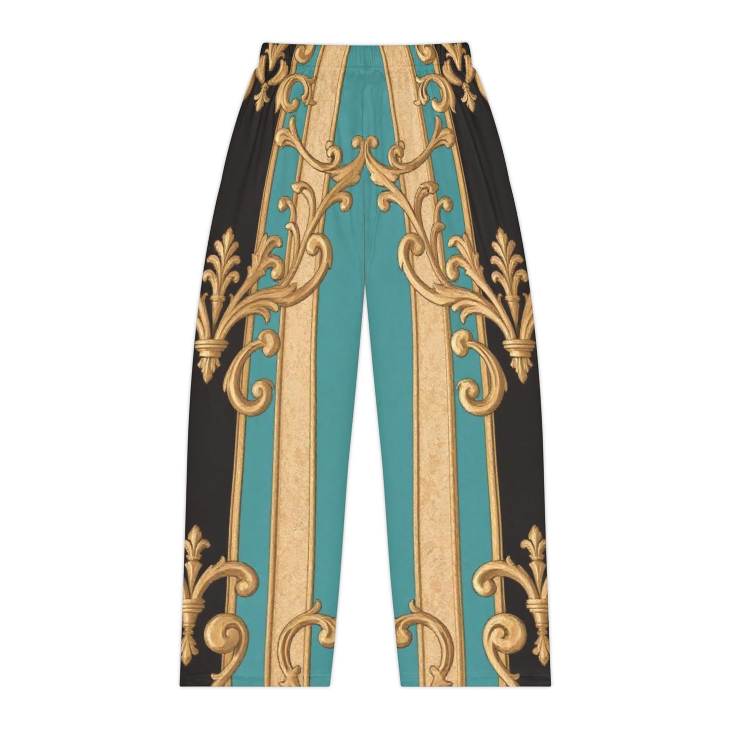 Elegant Black, Tan & Ocean Green Striped Gold Baroque Women's Pajama Pants, Cozy Sleepwear, Luxe Lounge Trousers, Stylish Nightwear