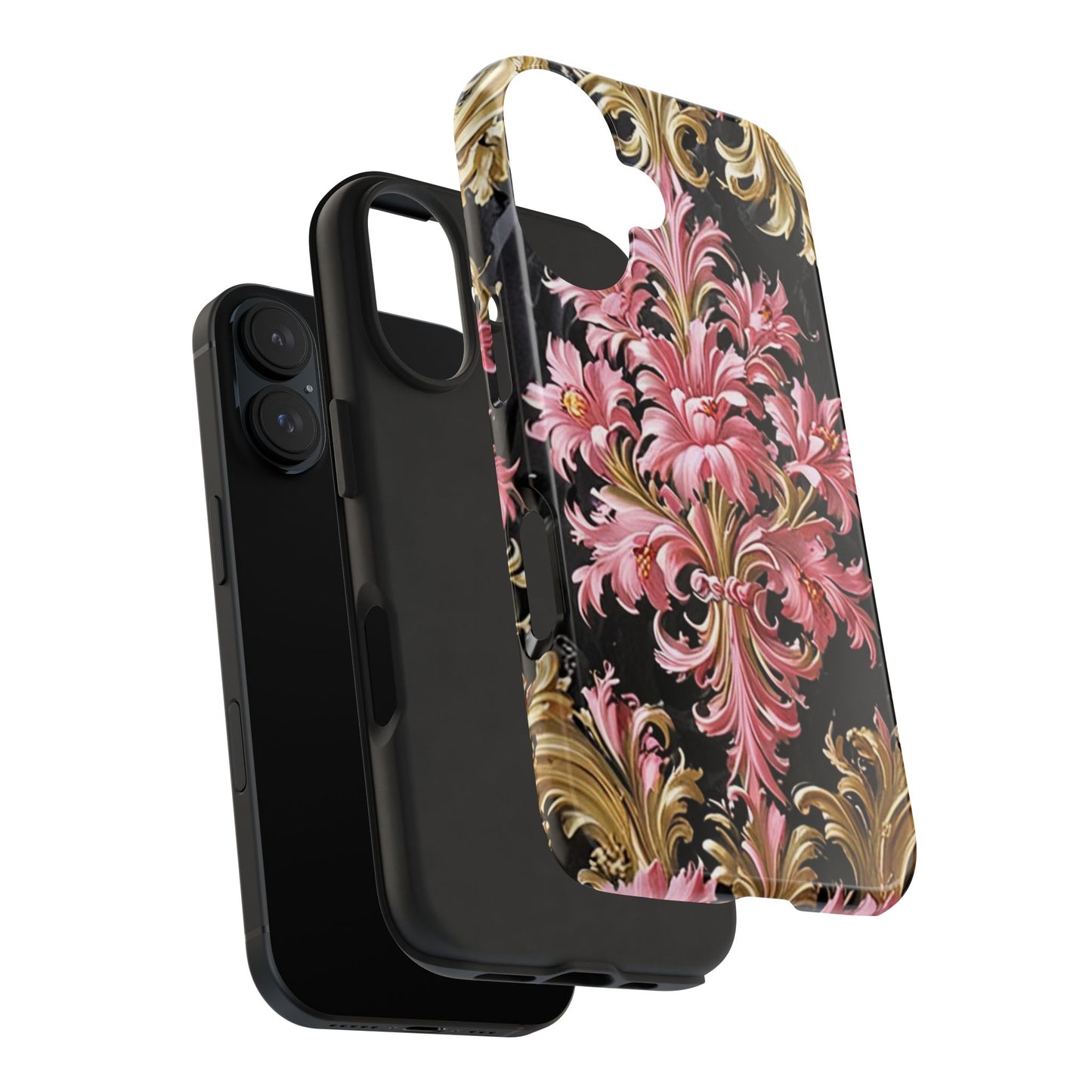 Elegant Floral Tough Phone Cases | Stylish Protection for Her | Gift for Birthdays - Black & Pink Oil Painting Style Rococo
