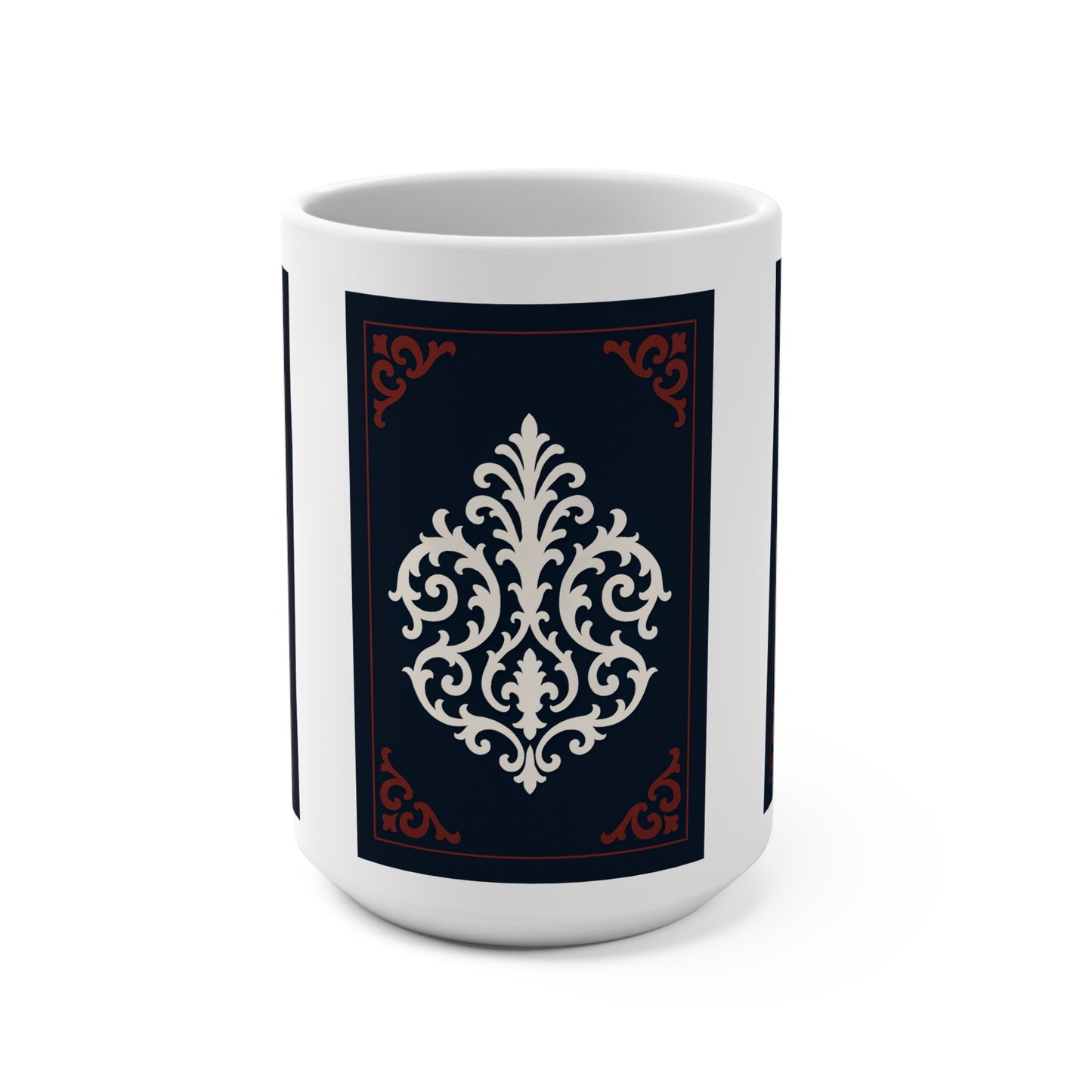 Dusk Blue-Maroon & White Baroque 15oz Ceramic Mug — Dusk Blue Vintage Baroque Ornament Design
