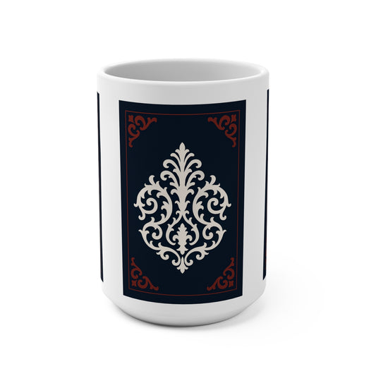 Dusk Blue-Maroon & White Baroque 15oz Ceramic Mug — Dusk Blue Vintage Baroque Ornament Design