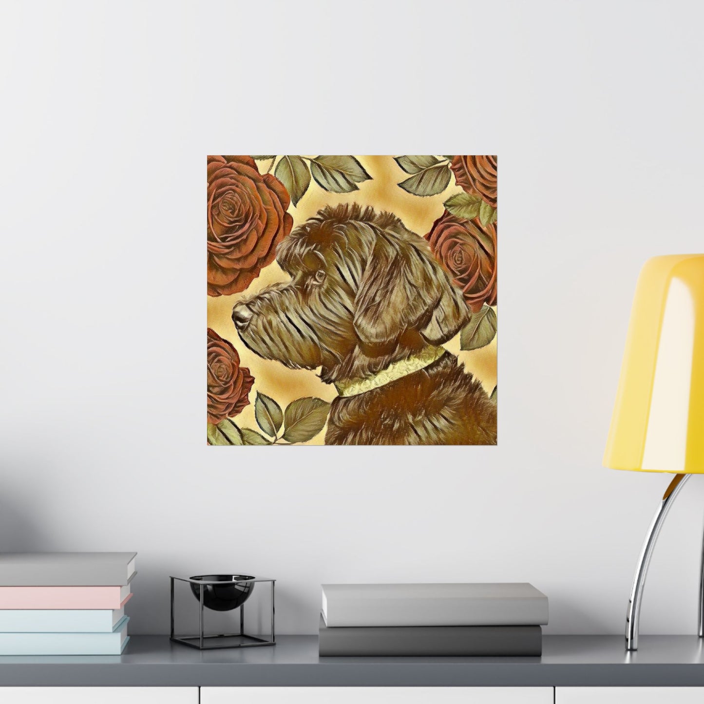 Floral Motif Art Poster - Elegant Matte Vertical Wall Decor - Golden Doodle & Roses