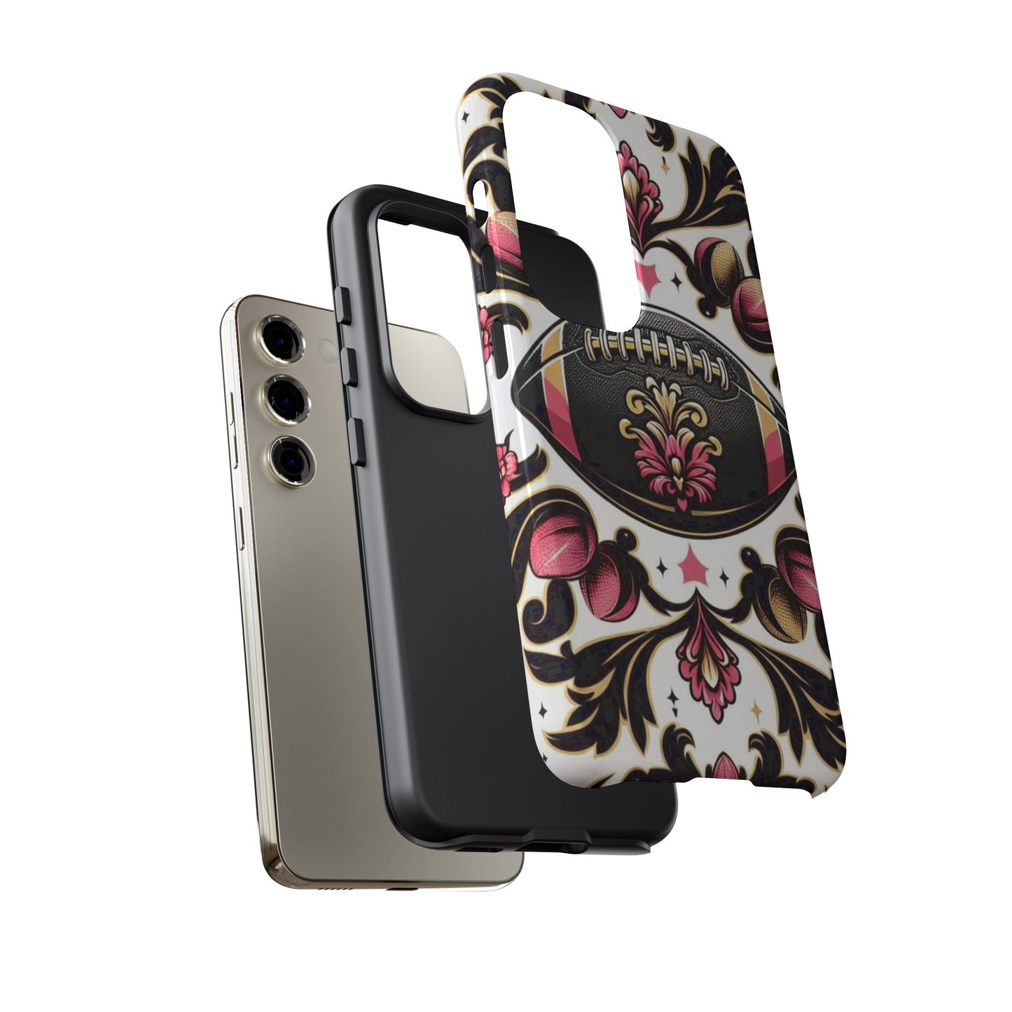Elegant Floral Motif Phone Case - Tough Cases with Vintage Design - Damask White, Pink Gold & Black Football
